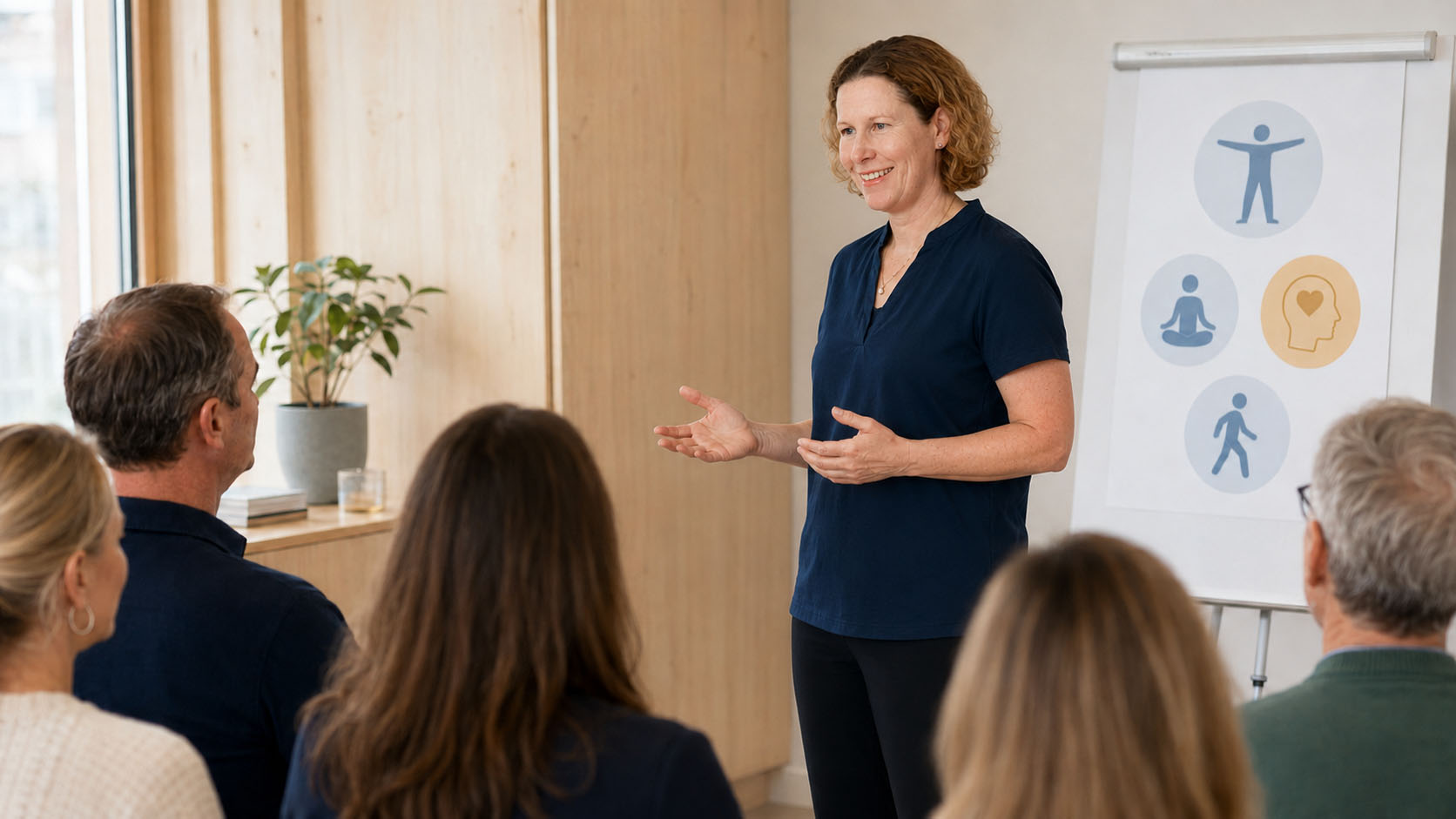 Karin Hedlund håller en presentation om hälsa och stresshantering för företag